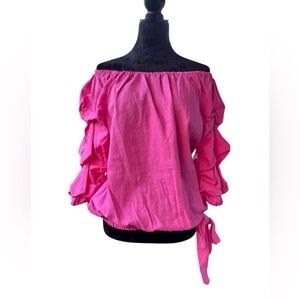 Vince Camuto Pink Linen Off Shoulder Ruffle Top Cottagecore Feminine Blouse Smal